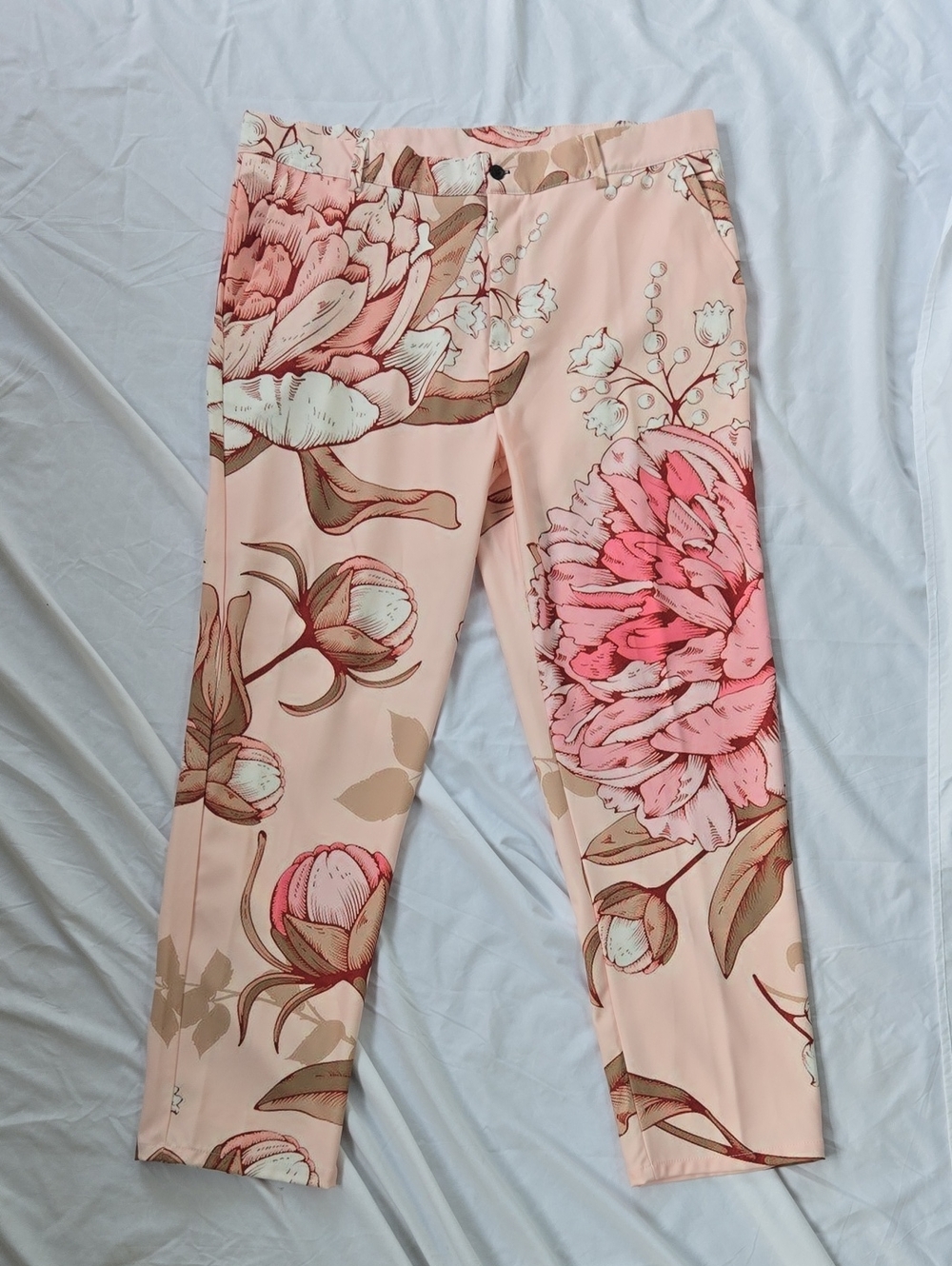 Men's Pants Light Pink With White Pink And Olive/Gold Foliage On Front & Back